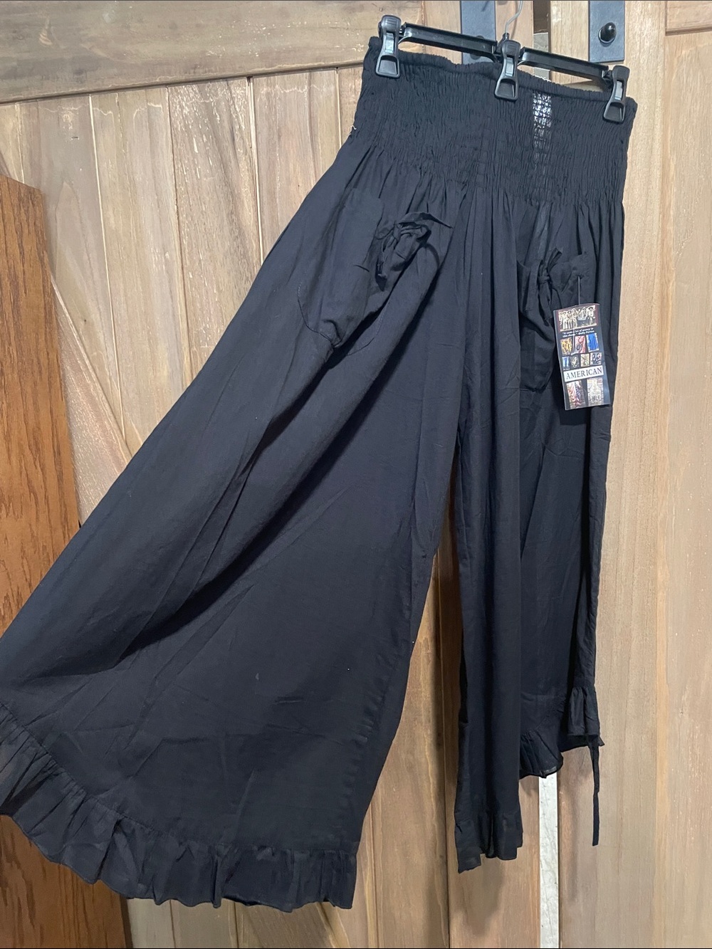 Black Smocked Wide-Leg capris with Ruffle Hem
